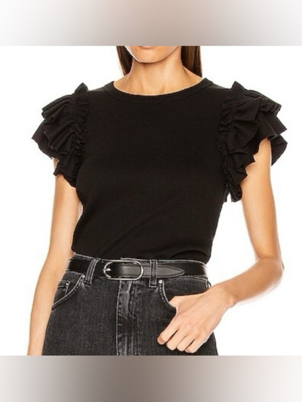 Veronica Beard Black Knit Ribbed Ruffled Cap Sleeve Top - Size S